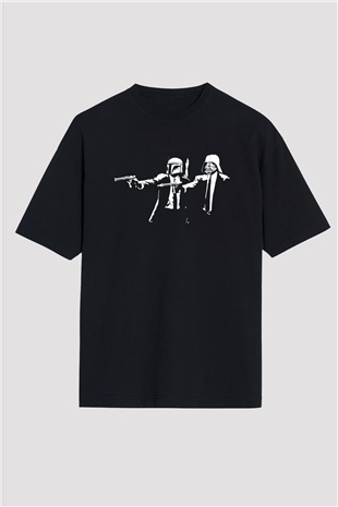 Unisex Pulp Fiction Star Wars Baskılı Siyah Oversize T-shirt