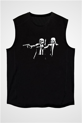 Unisex Pulp Fiction Star Wars Baskılı Siyah Kolsuz T-shirt