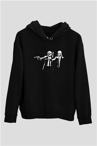 Unisex Pulp Fiction Star Wars Baskılı Siyah Kapüşonlu Sweatshirt