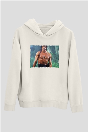 Unisex Rambo Baskılı Beyaz Kapüşonlu Sweatshirt
