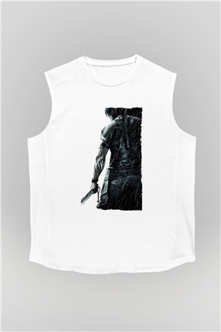 Unisex Rambo Baskılı Beyaz Kolsuz Tişört