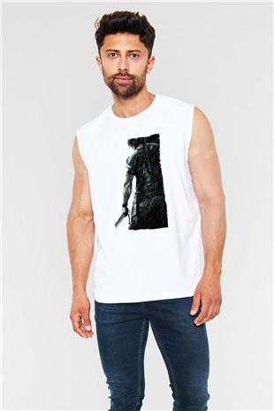 Unisex Rambo Baskılı Beyaz Kolsuz Tişört