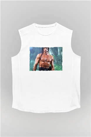 Unisex Rambo Baskılı Beyaz Kolsuz Tshirt