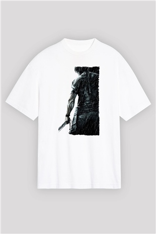 Unisex Rambo Baskılı Beyaz Oversize Tişört