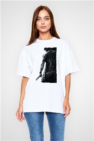 Unisex Rambo Baskılı Beyaz Oversize Tişört