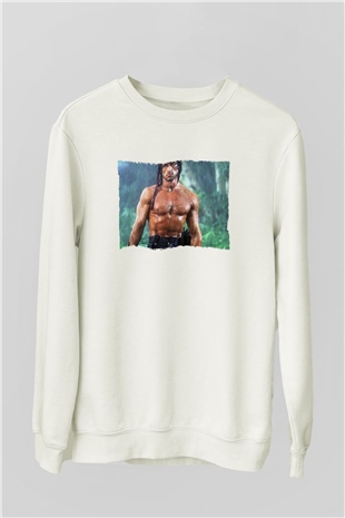 Unisex Rambo Baskılı Beyaz Sweatshirt