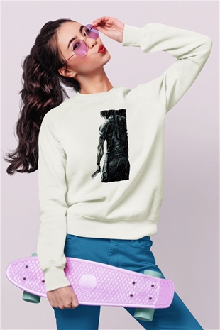 Unisex Rambo Baskılı Beyaz Sweatshirt