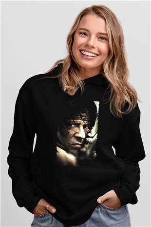 Unisex Rambo Baskılı Siyah Kapüşonlu Sweatshirt