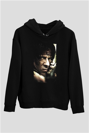 Unisex Rambo Baskılı Siyah Kapüşonlu Sweatshirt