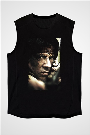 Unisex Rambo Baskılı Siyah Kolsuz T-shirt