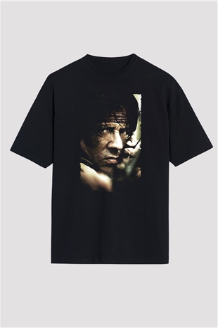 Unisex Rambo Baskılı Siyah Oversize T-shirt