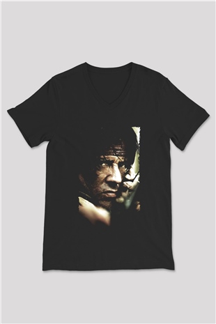 Unisex Rambo Baskılı Siyah V Yaka T-shirt