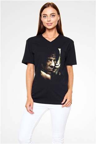 Unisex Rambo Baskılı Siyah V Yaka T-shirt