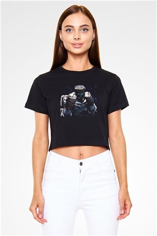 Unisex Real Steel Baskılı Siyah Crop Top Tişört