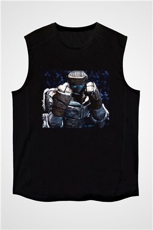 Unisex Real Steel Baskılı Siyah Kolsuz Tişört