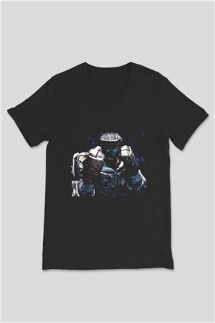 Unisex Real Steel Baskılı Siyah V Yaka Tişört