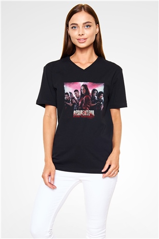 Unisex Resident Evil Raccoon Şehri (Resident Evil Welcome to Raccoon City) Baskılı Siyah V Yaka Tişört