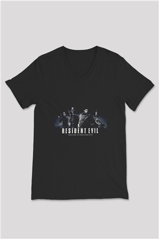 Unisex Resident Evil Raccoon Şehri (Resident Evil Welcome to Raccoon City) Baskılı Siyah V Yaka T-shirt