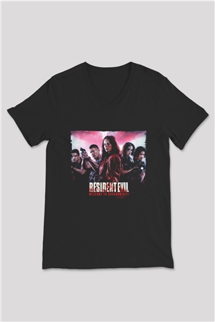 Unisex Resident Evil Raccoon Şehri (Resident Evil Welcome to Raccoon City) Baskılı Siyah V Yaka Tişört