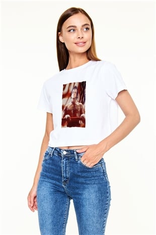 Unisex Rocky Baskılı Beyaz Crop Top Tişört