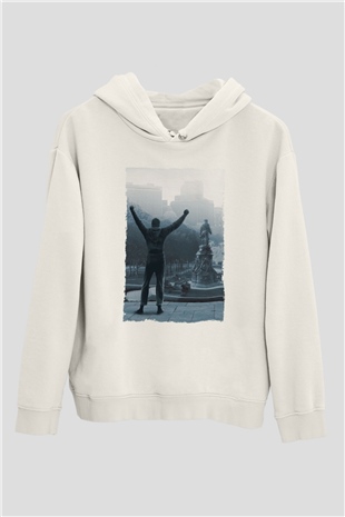 Unisex Rocky Baskılı Beyaz Kapüşonlu Sweatshirt