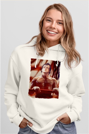 Unisex Rocky Baskılı Beyaz Kapüşonlu Sweatshirt