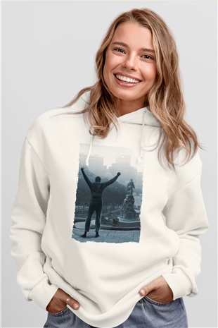 Unisex Rocky Baskılı Beyaz Kapüşonlu Sweatshirt