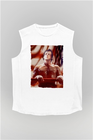 Unisex Rocky Baskılı Beyaz Kolsuz Tişört