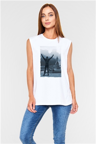 Unisex Rocky Baskılı Beyaz Kolsuz Tshirt