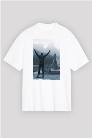 Unisex Rocky Baskılı Beyaz Oversize Oversize T-shirt