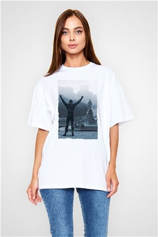 Unisex Rocky Baskılı Beyaz Oversize Oversize T-shirt