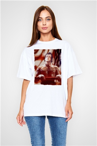 Unisex Rocky Baskılı Beyaz Oversize Tişört