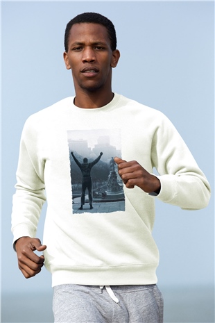 Unisex Rocky Baskılı Beyaz Sweatshirt
