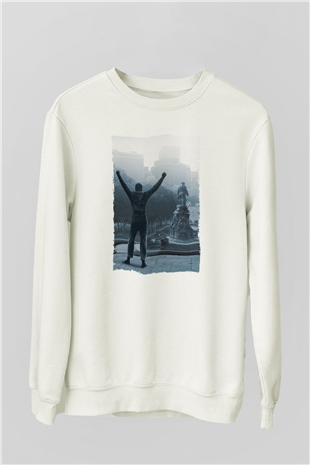 Unisex Rocky Baskılı Beyaz Sweatshirt
