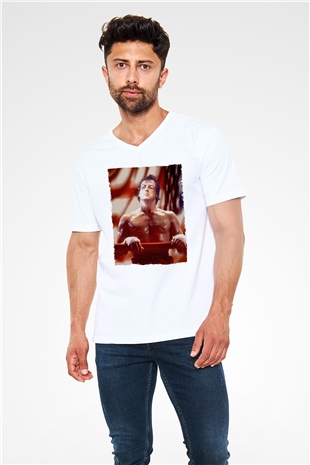 Unisex Rocky Baskılı Beyaz V Yaka Tişört