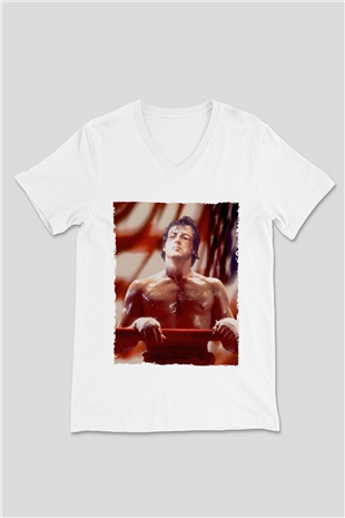 Unisex Rocky Baskılı Beyaz V Yaka Tişört