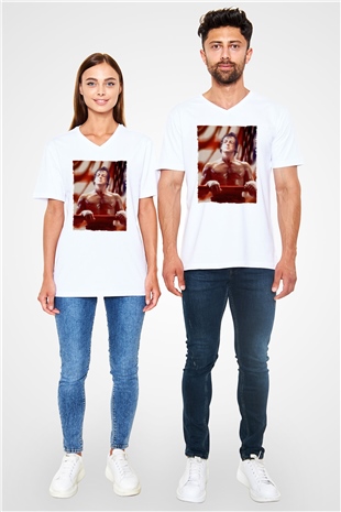 Unisex Rocky Baskılı Beyaz V Yaka Tişört
