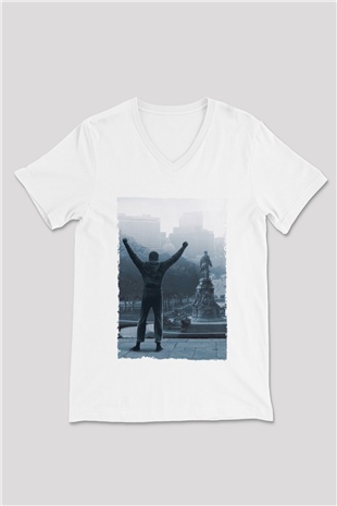 Unisex Rocky Baskılı Beyaz V Yaka Tshirt