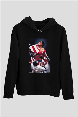 Unisex Rocky IV Baskılı Siyah Kapüşonlu Sweatshirt
