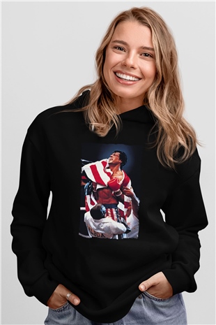 Unisex Rocky IV Baskılı Siyah Kapüşonlu Sweatshirt