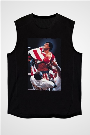 Unisex Rocky IV Baskılı Siyah Kolsuz Tshirt
