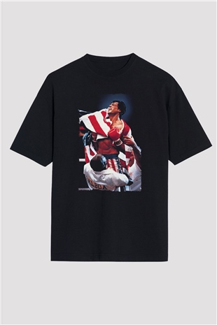 Unisex Rocky IV Baskılı Siyah Oversize Tshirt