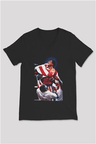 Unisex Rocky IV Baskılı Siyah V Yaka Tshirt