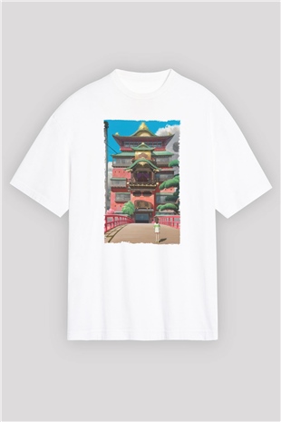 Unisex Ruhların Kaçışı (Spirited Away) Baskılı Beyaz Oversize T-shirt