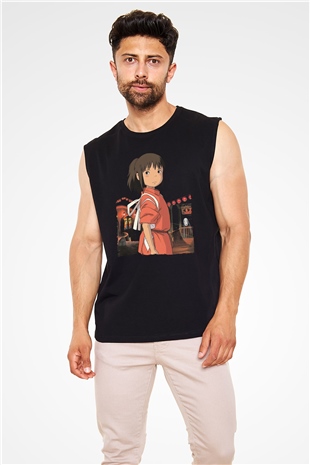 Unisex Ruhların Kaçışı (Spirited Away) Baskılı Siyah Kolsuz Tişört