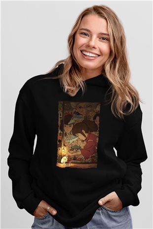 Unisex Ruhların Kaçışı (Spirited Away) Baskılı Siyah Kapüşonlu Sweatshirt