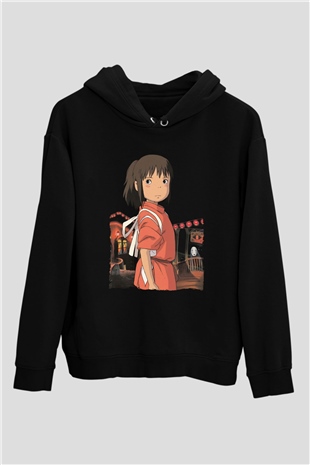 Unisex Ruhların Kaçışı (Spirited Away) Baskılı Siyah Kapüşonlu Sweatshirt