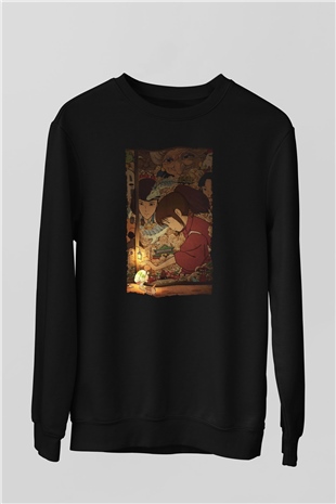 Unisex Ruhların Kaçışı (Spirited Away) Baskılı Siyah Sweatshirt
