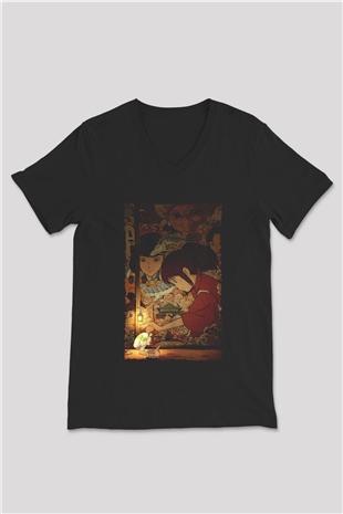 Unisex Ruhların Kaçışı (Spirited Away) Baskılı Siyah V Yaka T-shirt