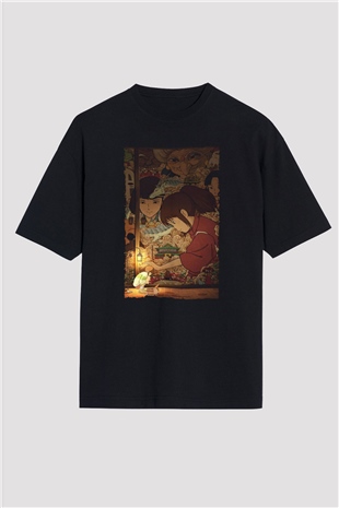 Unisex Ruhların Kaçışı (Spirited Away) Baskılı Siyah Oversize T-shirt